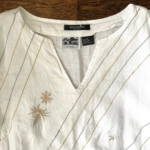 Autograph White 100% Irish Linen Tunic Blouse top withGold/Silver-MED - Picture 6 of 9
